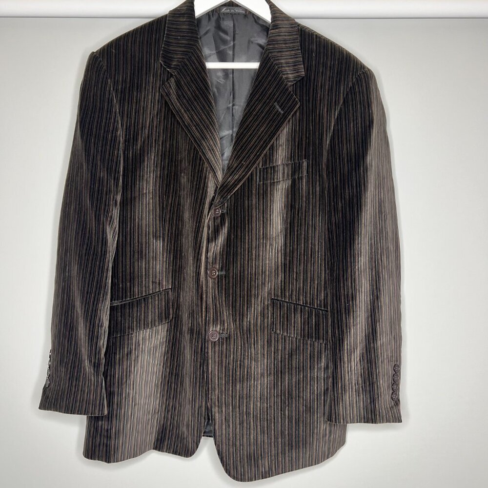 Adolfo Mens Velvet Blazer 42S Brown Striped 3 Button Winter Collegiate Business